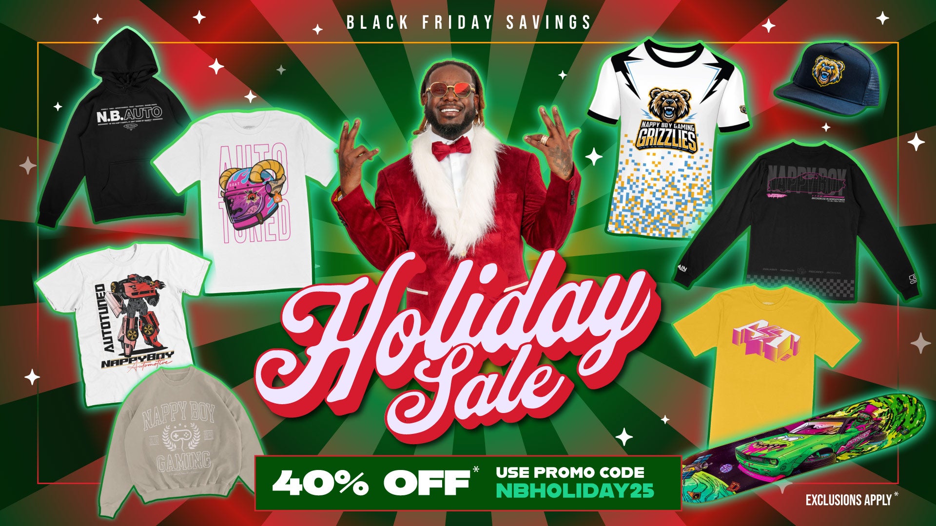 Promotional graphic for a holiday sale with various merchandise and T-Pain in a Santa Claus outfit.